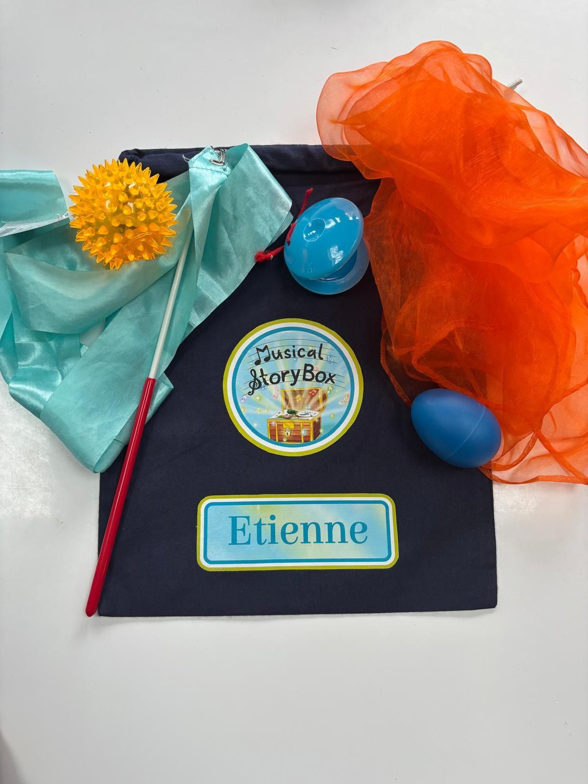 A personalised StoryBox Sensory Bag with its sensory items